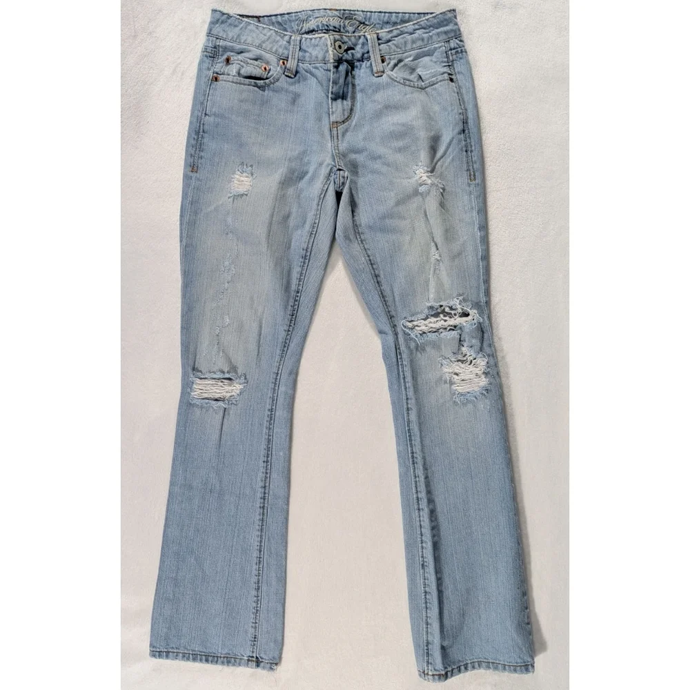❤️ American Eagle True Boot Distressed 100% Cotton Size 0 Short Light Wash - Picture 4 of 14